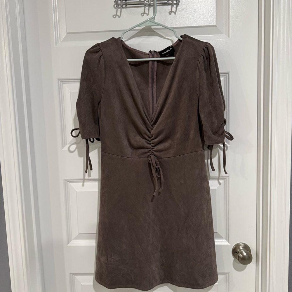 Sugar + LipsFaux Suede Ruched Mini Dress — Medium
